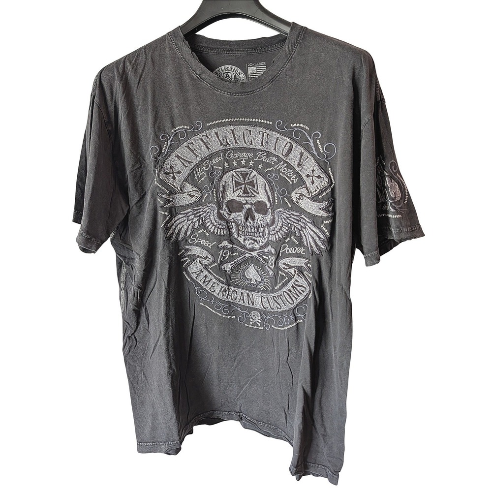 Affliction T-Shirt Mens 2XL Black American Customs Skull Graphic Biker Y2K Tee